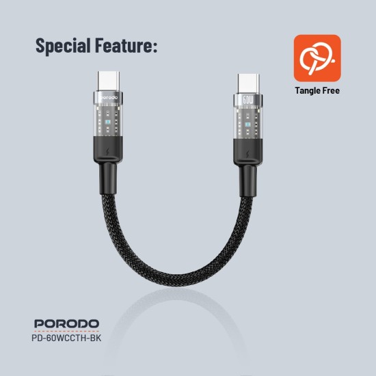 Porodo Braided Cable Transparent USB-C To USB-C Fast Charge & Data 35cm/1.1ft