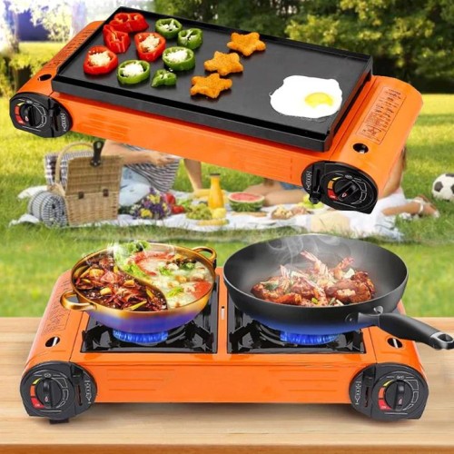 Double Burner Butane Camping Stove with BBQ Grill Tray