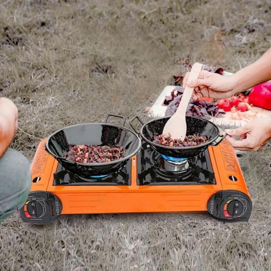 Double Burner Butane Camping Stove with BBQ Grill Tray