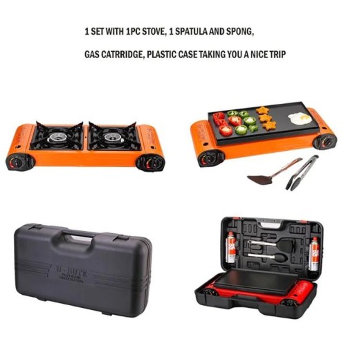 Double Burner Butane Camping Stove with BBQ Grill Tray