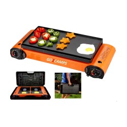 Double Burner Butane Camping Stove with BBQ Grill Tray Double Burner Butane Camping Stove with BBQ Grill Tray