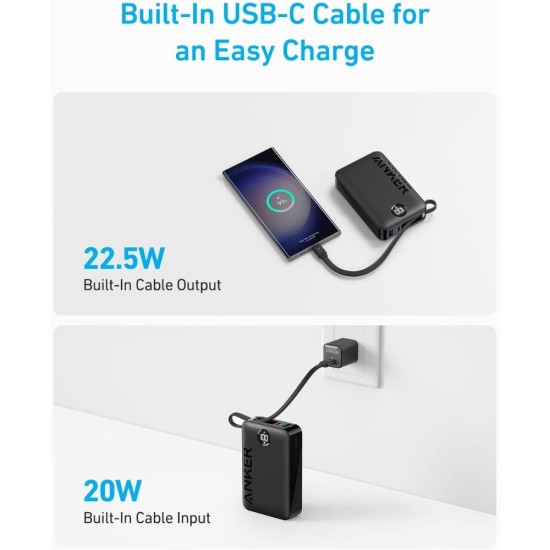 Anker 335 Power Bank - 20K 22.5W PD, Built-In USB-C Cable - Black