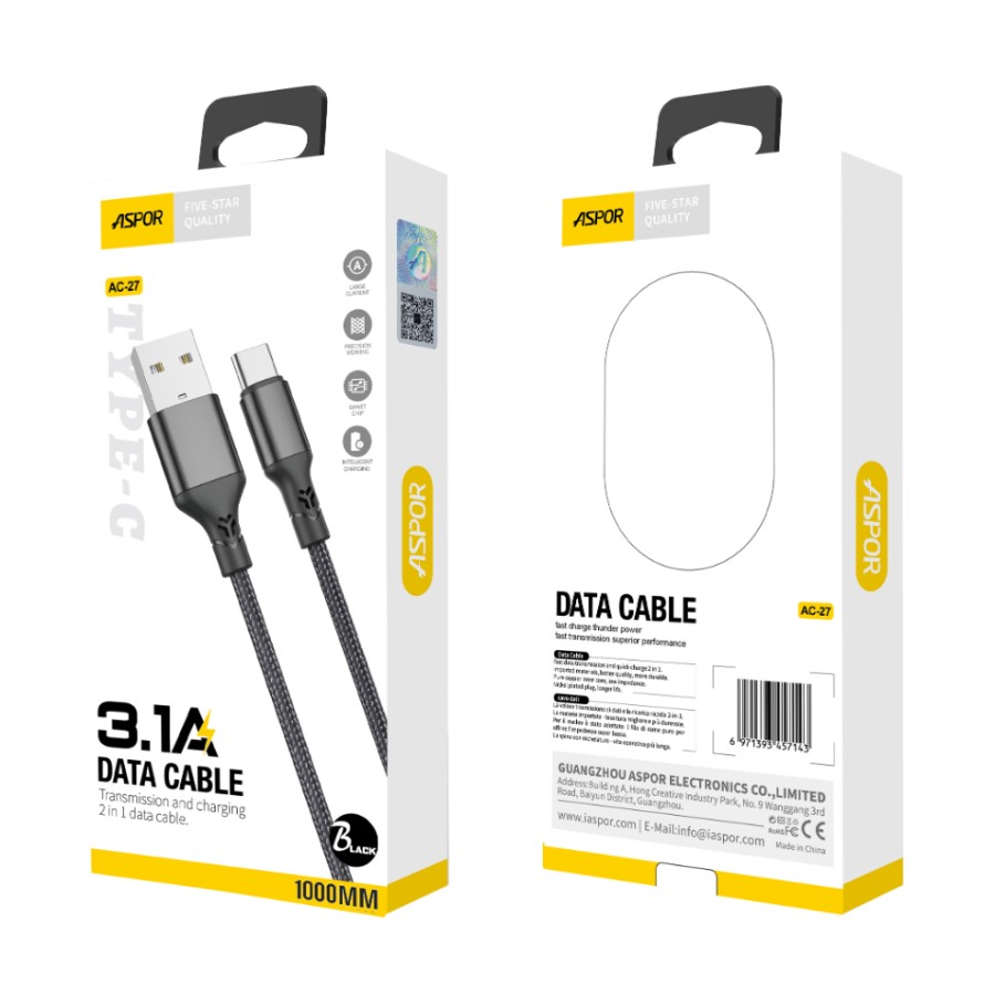 ASPOR AC27 3.1A Fast Charge, Type C Data+Charging Cable - 1M