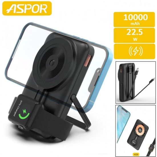 Aspor Wireless 10000mAh Power Bank with Built in Cables