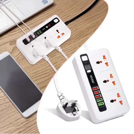 ASPOR A503 8 in 1 2500W Power Strip with Three Triple Sockets and Five USB Ports