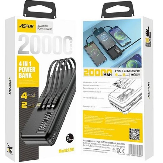 Aspor A301Power Bank 20000 mAh Fast Charging with LCD Digital Display