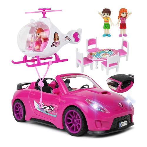 TeganPlay Doll Car Playset for Girls with Helicopter Dining Table Set 2 Figurines with Lights and Sounds