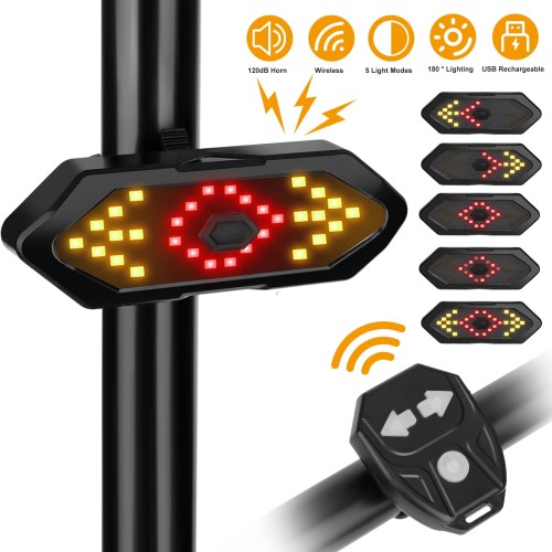 Bike Tail Light with Turn Signals, Wireless Remote LED Rear Bike Light USB Rechargeable