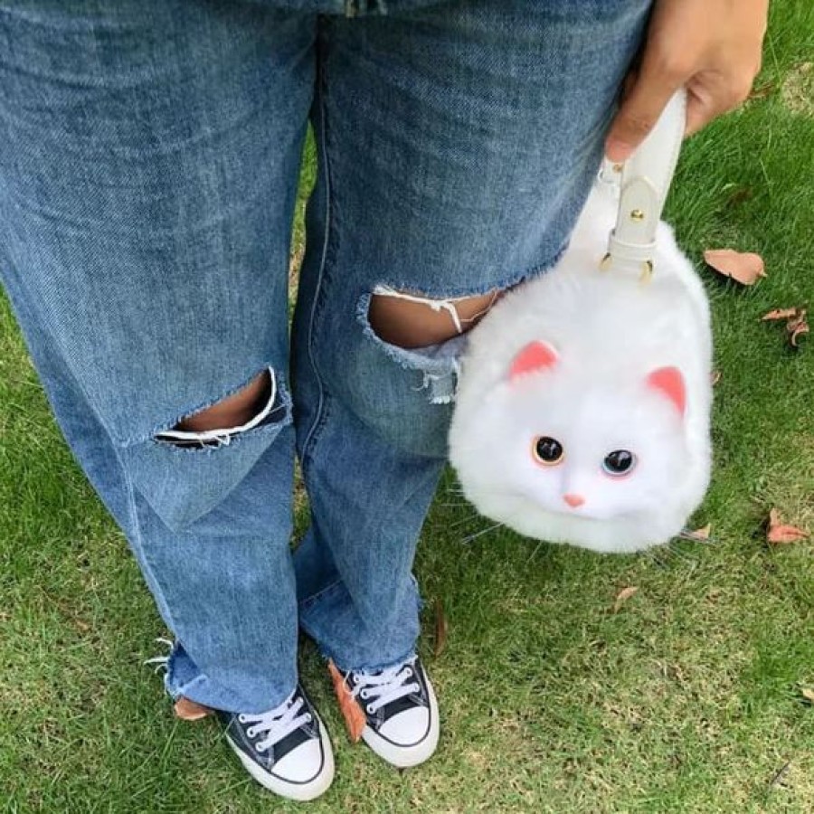 Fluffy Cat Shaped Handbag - White