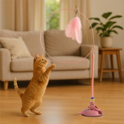 Teaser Wand Cat Toy with Suction Cup & Feather – Pink