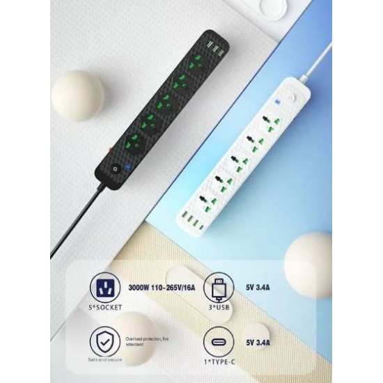 Compro 3000W Power Extension 5 socket+ 3 USB+ 1 Type C Port