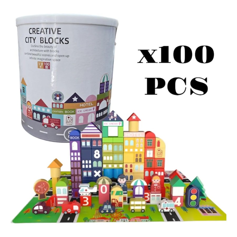 Wooden Toy Multicolor City Bucket with Blocks 100 Pieces