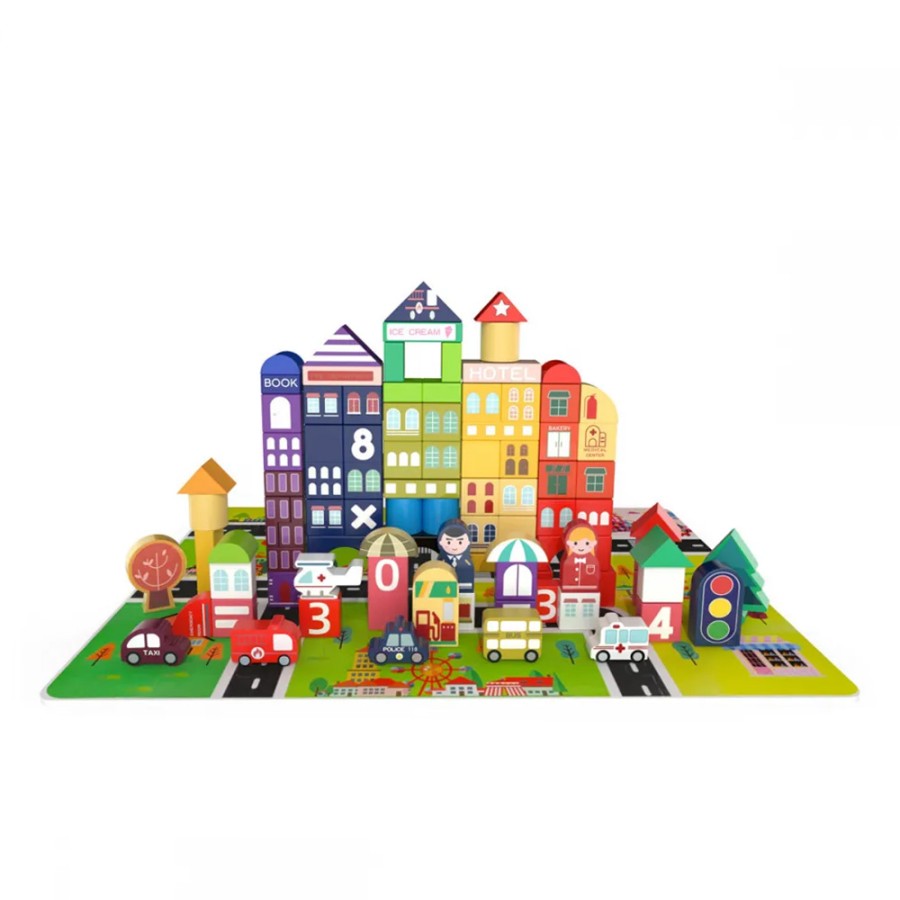 Wooden Toy Multicolor City Bucket with Blocks 100 Pieces