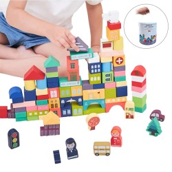 Wooden Toy Multicolor City Bucket with Blocks 100 Pieces