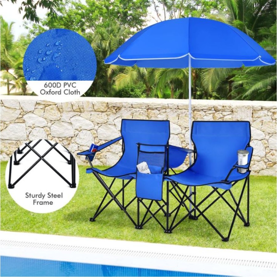 Portable Folding Picnic Double Chair W/Umbrella