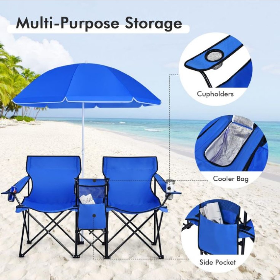 Portable Folding Picnic Double Chair W/Umbrella
