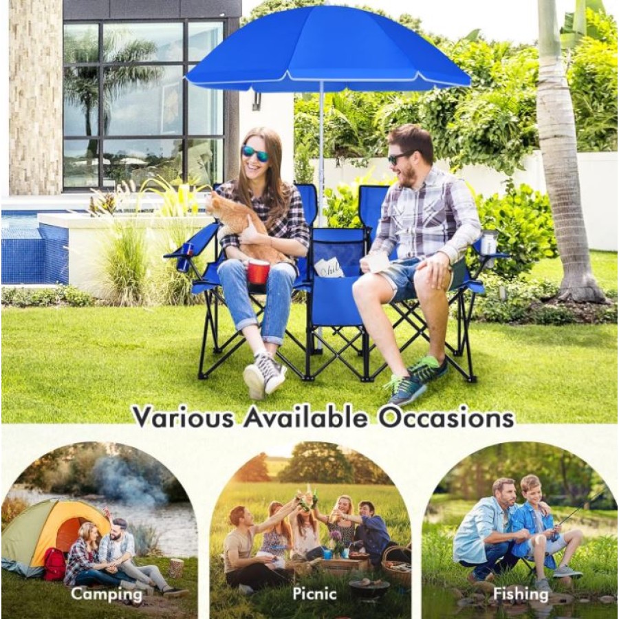 Portable Folding Picnic Double Chair W/Umbrella