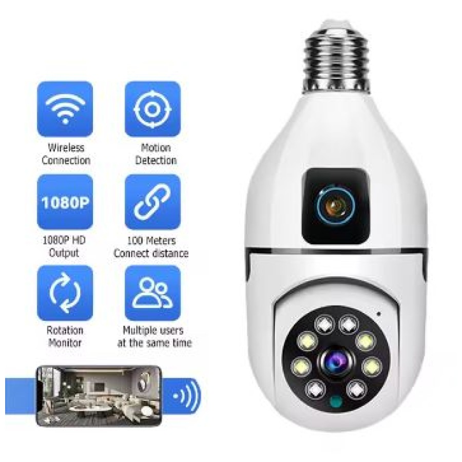 V380 Bulb WIFI 720P Dual HD Resolution IP Security Camera - 2MP - White