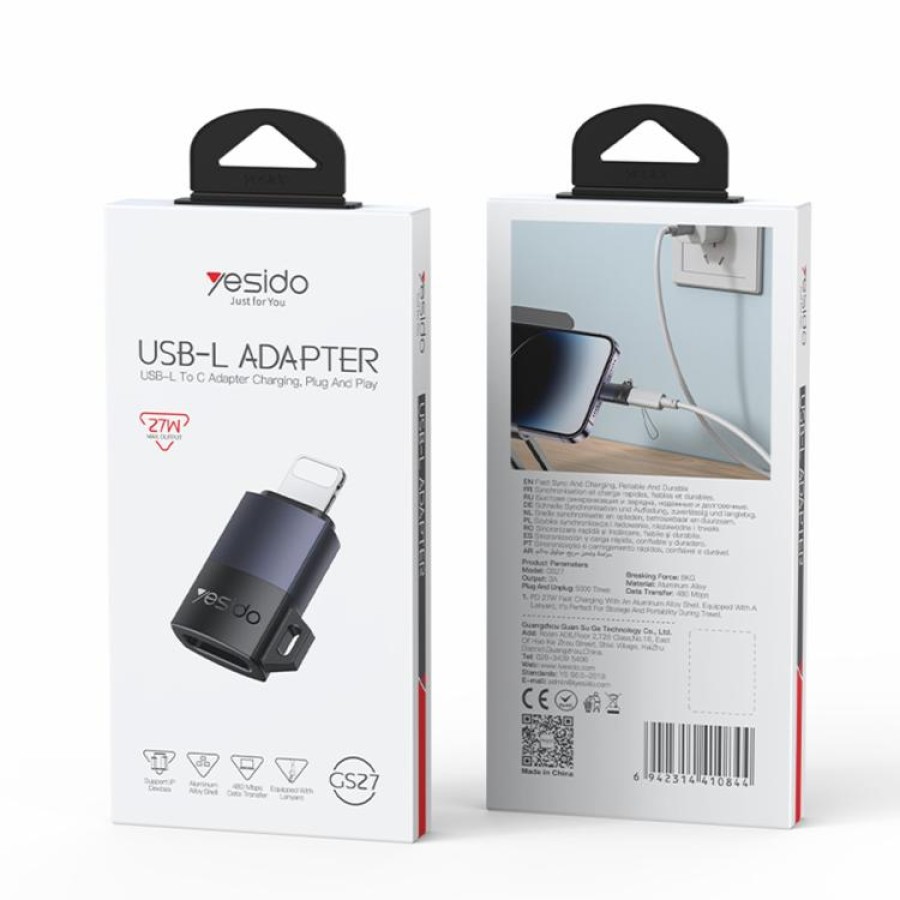 Yesido GS27 Type-C Female to 8 Pin Male Charging Adapter – Black
