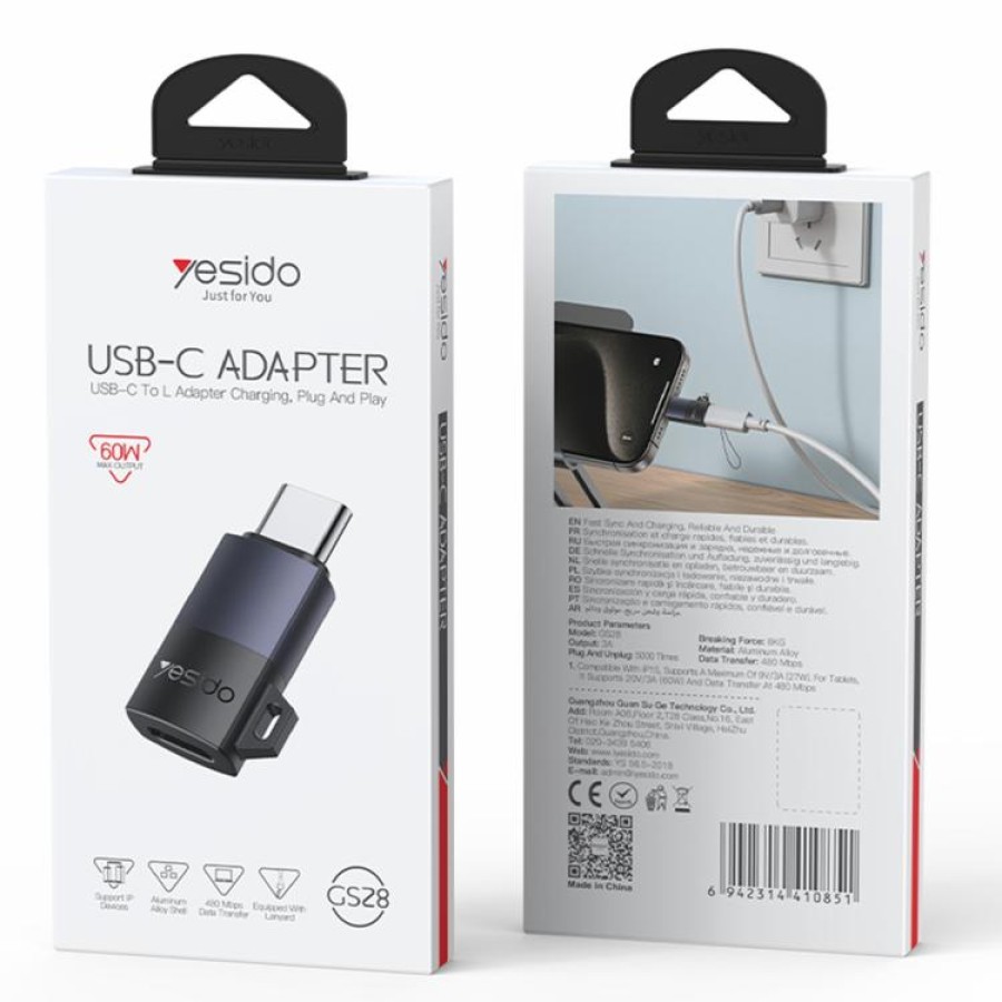 Yesido GS28 8 Pin Female to Type-C Male 60W Charging Adapter – Black