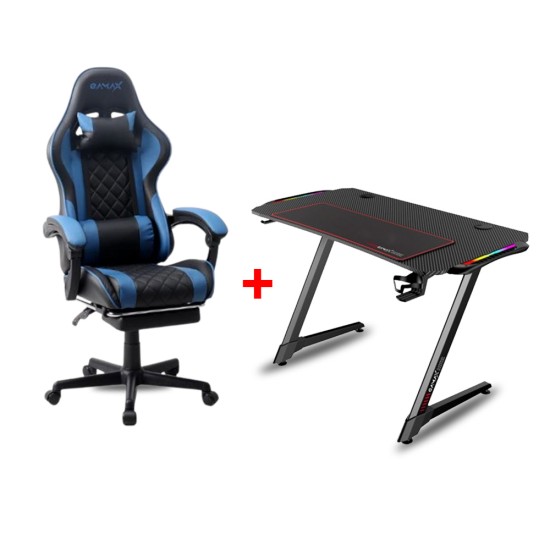 Gamax Gaming Chair with Footrest  + Gamax Carbon Fibre Gaming Desk Z5-1060 - Black