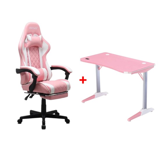 Gamax Gaming Chair with Footrest + Gamaing Desk A1 RGB - Pink