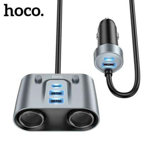 Hoco 147W (2C3A) 2-in-1 Cigarette Lighter Car Charger, Metal Gray