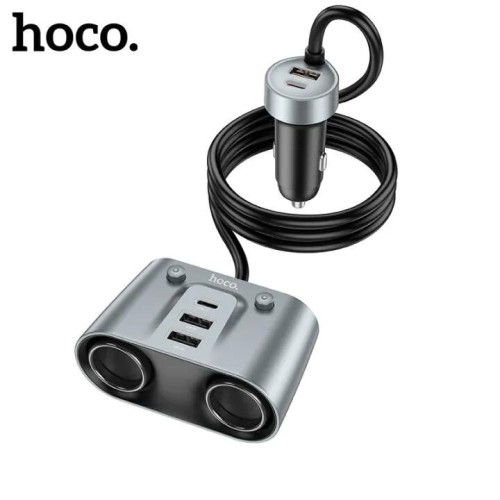 Hoco 147W (2C3A) 2-in-1 Cigarette Lighter Car Charger, Metal Gray