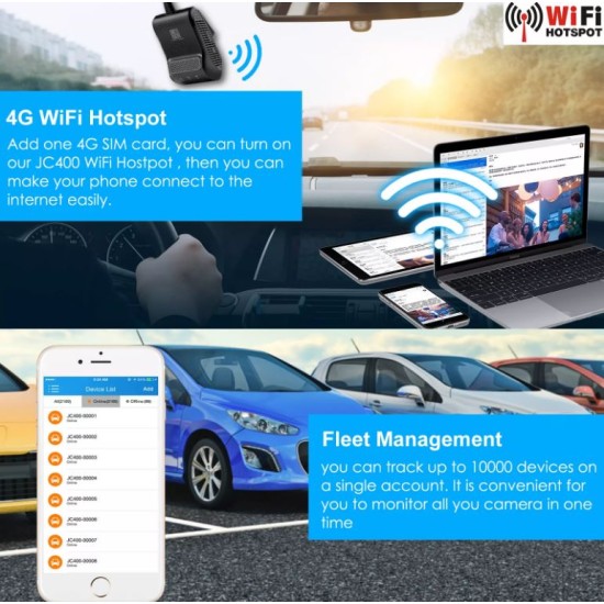 DashCam JC 400P A front and indoor camera with a remote monitoring system