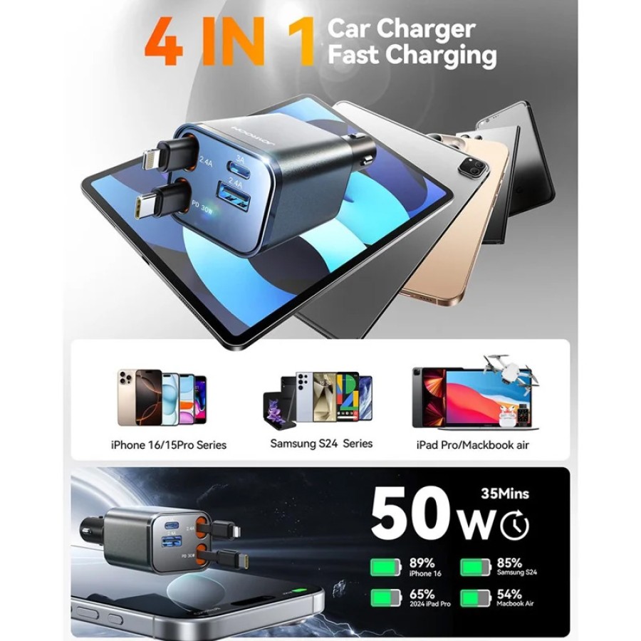 Joyroom 4-in-1 Retractable Cable Car Charger 50W