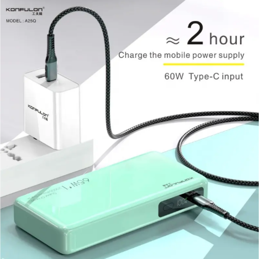 Konfulon USB C PD 65W Power Bank 20000mah With LCD Display