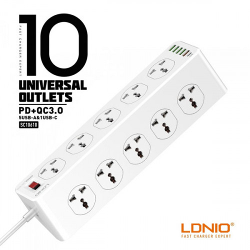 LDNIO 10 Outlet Sockets 6 USB Ports PD & QC3.0 Power Extension 2500W