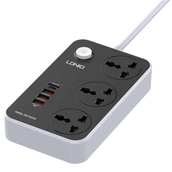 LDNIO PD 20W Power Strip 2-Meter Wall Extension Plug Cord with 3 Socket Outlets 38W