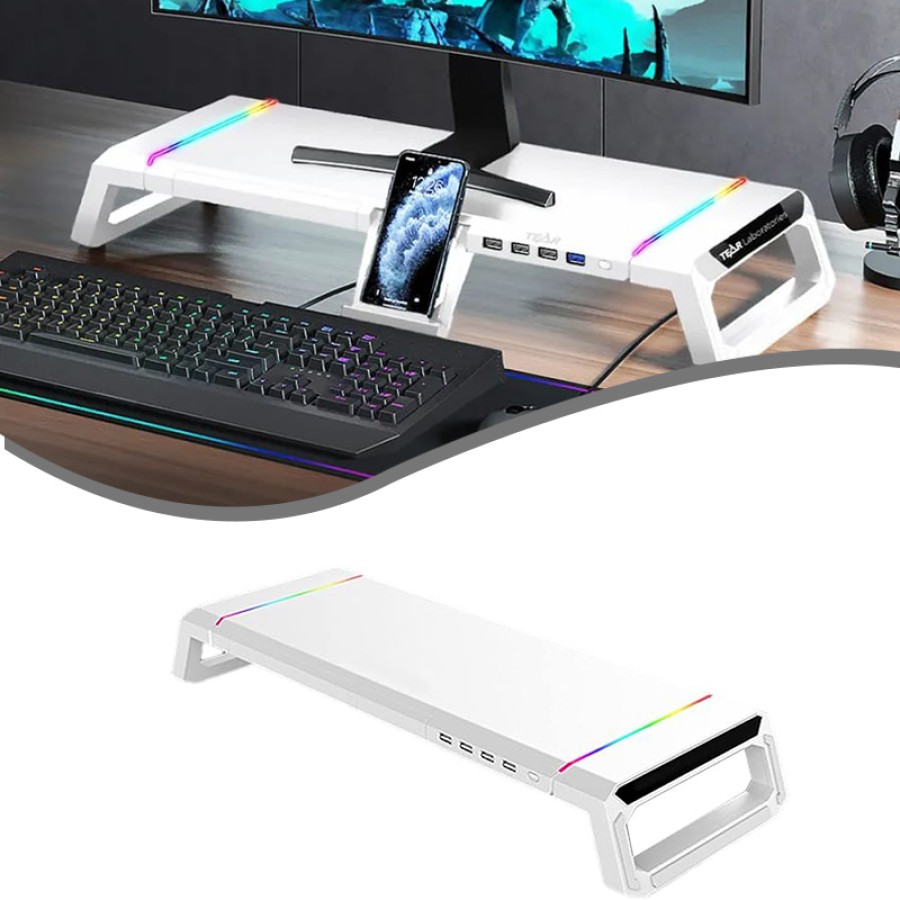 5 in 1 RGB Adjustable Gaming Desk Shelf with Drawer – For PC & Laptop - White 5 in 1 RGB Adjustable Gaming Desk Shelf with Drawer – For PC & Laptop - White