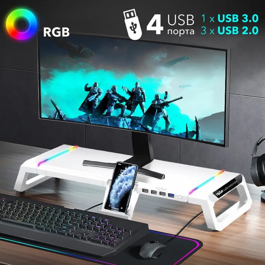 5 in 1 RGB Adjustable Gaming Desk Shelf with Drawer – For PC & Laptop - White 5 in 1 RGB Adjustable Gaming Desk Shelf with Drawer – For PC & Laptop - White