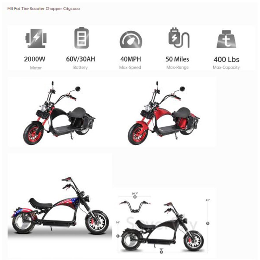 Electric Scooter Long Range Big Wheel Motorcycle 3000W - Black