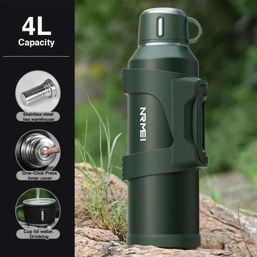 Nrmei 4Liter Safe Thermos Flask Bottle with Infuser V2  - 24 Hours Hot and Cold - Moss Green