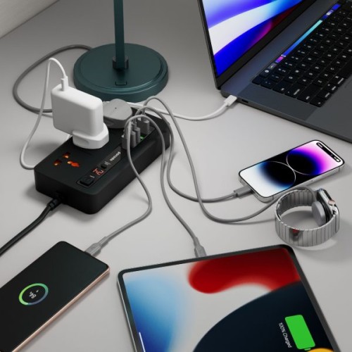 Porodo 3 AC 4 USB-A & USB-C PD 20W Hub 2M UK Black