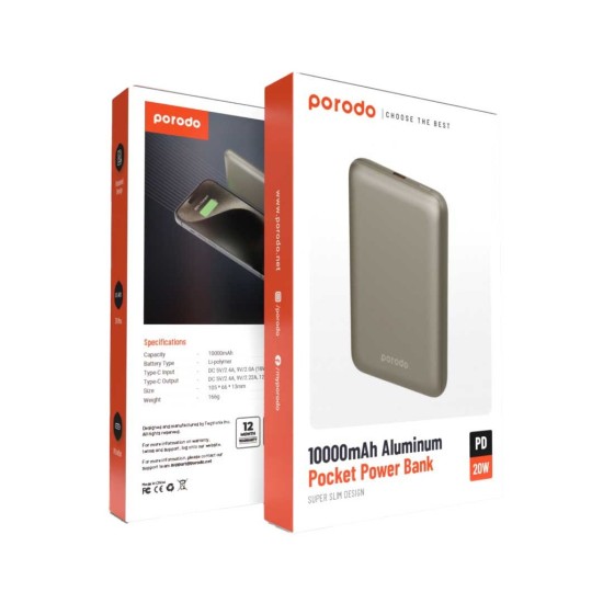 Porodo 10000 mAh 20W PD Aluminum Powerbank (gray - Titanium)