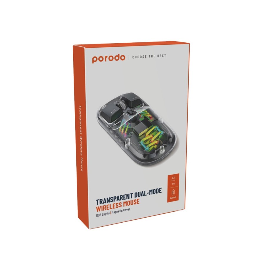 Porodo Transparent Mouse 2.4G and Bluetooth Dual Mode (Black - White)