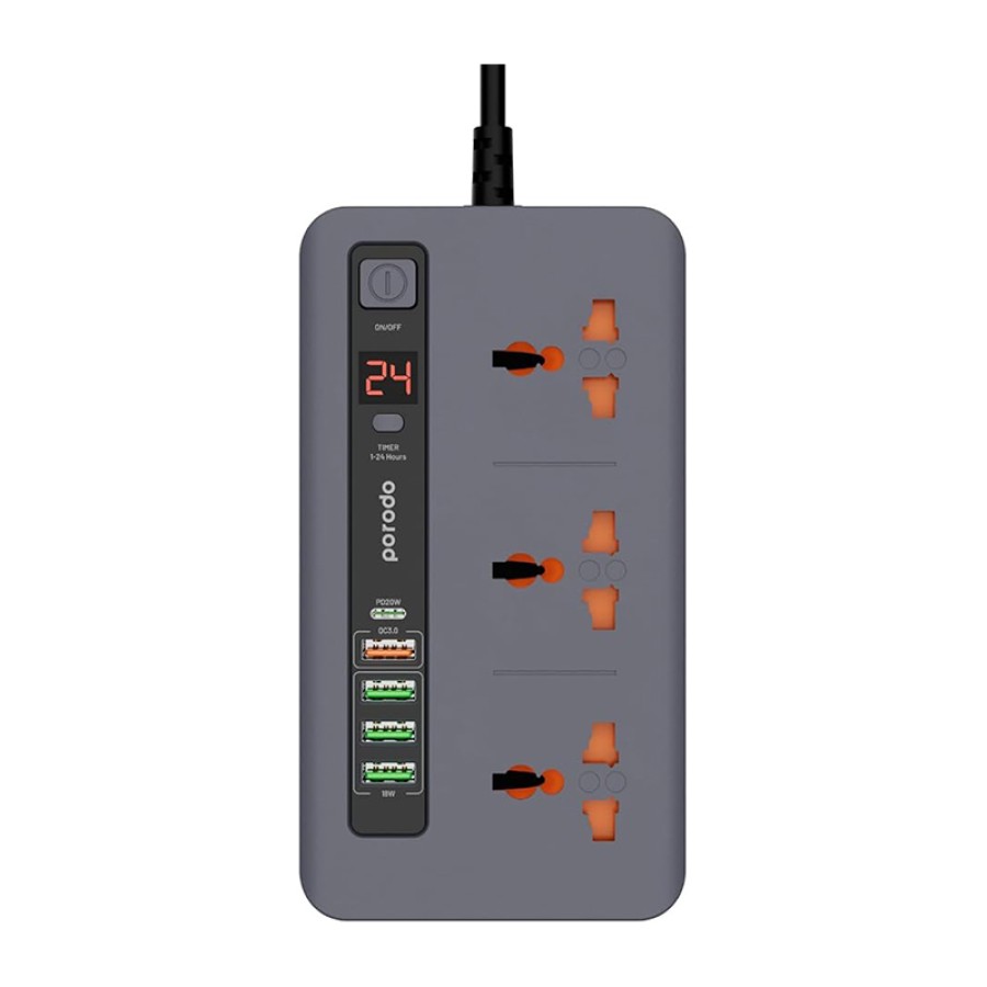 Porodo 3 AC 4 USB-A & USB-C PD 20W Hub 2M UK Grey
