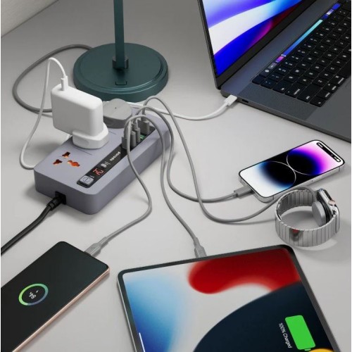 Porodo 3 AC 4 USB-A & USB-C PD 20W Hub 2M UK Grey