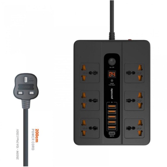 Porodo Multi Port Super Hub Socket - 6 Socket / USB-C - Black