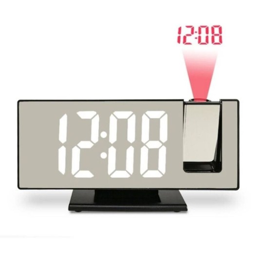 Mirror Clock and Alarm with Laser Projection of Time on the Wall - Black