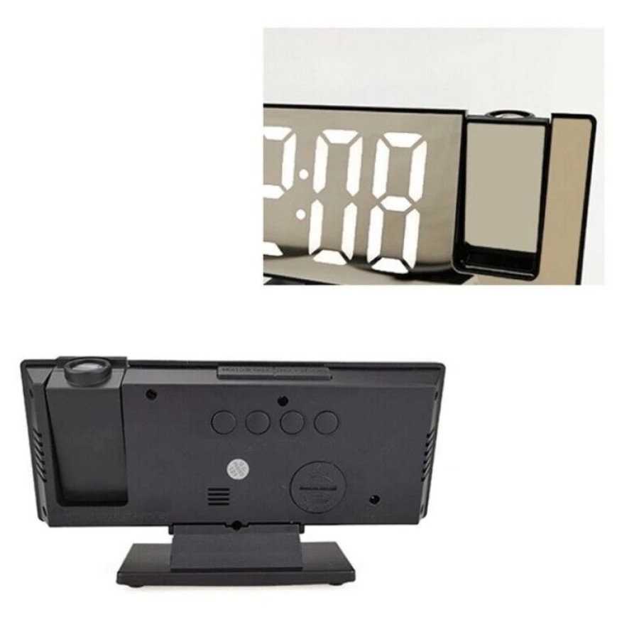 Mirror Clock and Alarm with Laser Projection of Time on the Wall - Black