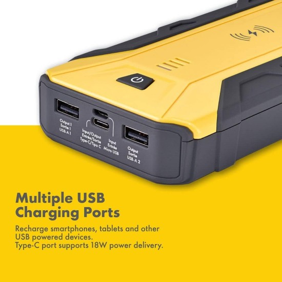 Shell SH916WC 1200A Wireless Charging, Power Bank, 3 USB Ports, Battery Booster + Jumper Cables