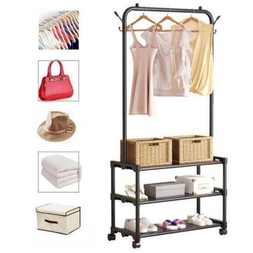 Multifunctional Metal Clothes Rack with Three Fabric Storage Shelves