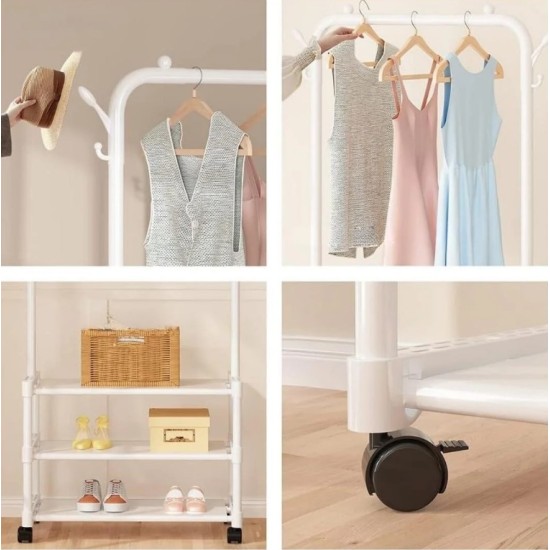 Multifunctional Metal Clothes Rack with Three Fabric Storage Shelves