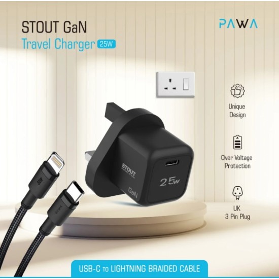 Pawa Stout Gan Travel Charger With Single PD port 25W With Type C to Lightning Cable