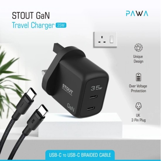 Pawa Stout Gan Travel Charger With Dual PD port 35W With Type-C to C Cable
